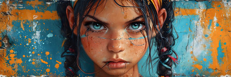 Portrait of a beautiful young woman with blue eyes on a graffiti background.の素材
