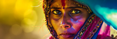 Close-up portrait of a beautiful Indian girl with colorful makeupの素材