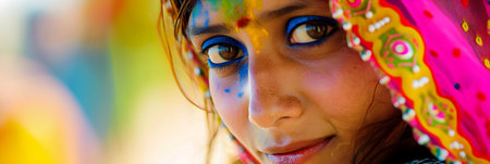 Close-up portrait of a beautiful Indian girl with colorful face paintの素材