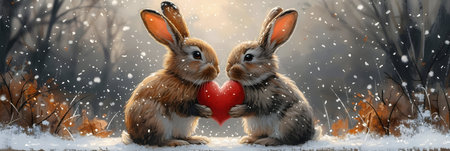 Two cute rabbits with red hearts in winter forest. Happy easter.の素材