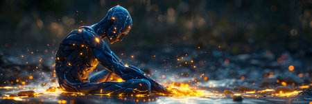 3D Illustration of a Fantasy Figure with Fire in the Backgroundの素材