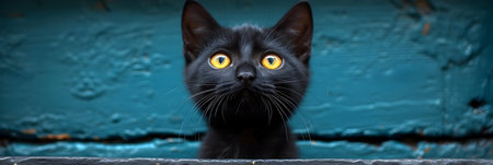 Black cat with orange eyes on a blue wall background. Horizontal banner.の素材