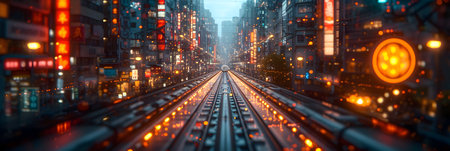Train tracks in the city at night. 3d render illustration.の素材