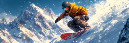 Snowboarder jumping in mountains. Extreme snowboard freeride sport.の素材