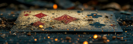 Close-up of playing cards in ashtray on wooden tableの素材