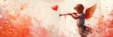 Valentines day background with cupid and hearts. Vector illustrationの素材