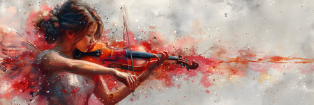 Beautiful girl playing the violin in the watercolor background. Digital painting.の素材