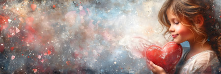 Cute little girl with red heart. Valentine's day concept.の素材