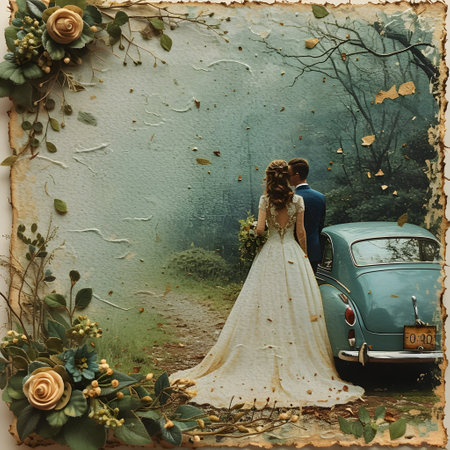 Wedding couple on the background of an old car. Photo in old color image style.の素材