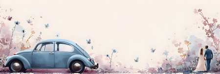 wedding couple in retro car on a background of spring flowersの素材
