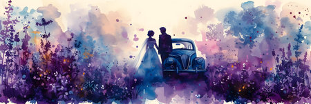 Wedding couple on the background of an old car. Watercolor paintingの素材