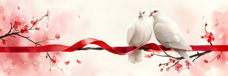 Valentine's day background with two white doves and cherry blossomの素材