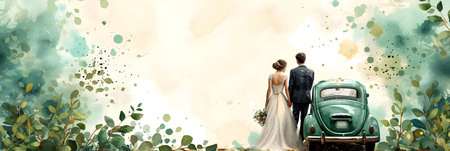 Bride and groom on the background of watercolor painting. Wedding conceptの素材