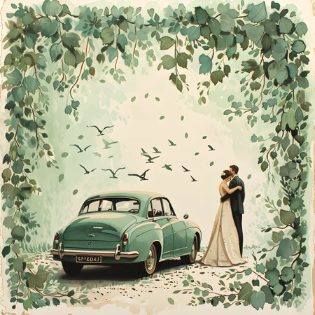 wedding couple in retro car on a background of green treesの素材