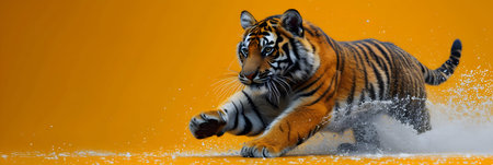 3D rendering of a tiger running with snow isolated on orange backgroundの素材