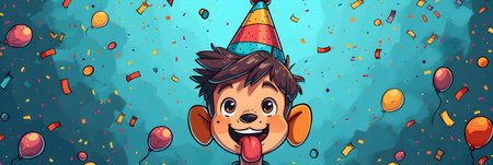 Cute boy with a party hat and balloons. Vector illustration.の素材