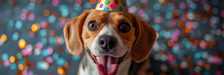 Cute Beagle dog with birthday hat on head on bokeh backgroundの素材