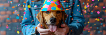 Young woman with a dog in a birthday cap on a brick wall background.の素材