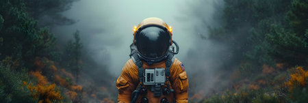 Astronaut in an orange suit on the background of a mountain landscape.の素材