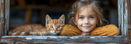 Portrait of a cute little girl with a cat in the windowの素材