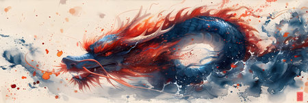Colorful watercolor painting of dragon head in red and blue colorsの素材