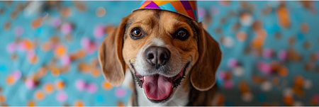 Cute Beagle dog in a party hat on a colorful background.の素材