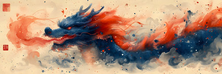 Abstract watercolor background with a dragon in the center. Vector illustration.の素材