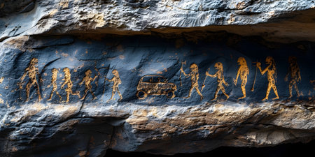Ancient cave paintings on the wall of a cave in the mountains.の素材