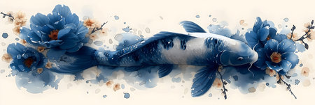 Watercolor illustration of a Japanese Koi carp with blue flowers.の素材