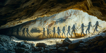 Cave in the middle of the mountains with a caveman in the caveの素材