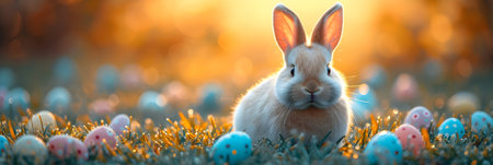 Easter bunny with colorful eggs on green grass. Happy Easter banner.の素材