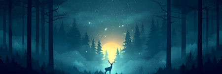 Silhouette of deer in the forest at night. Vector illustration.の素材