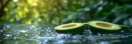 Fresh sliced avocado on water surface with green bokeh background.の素材