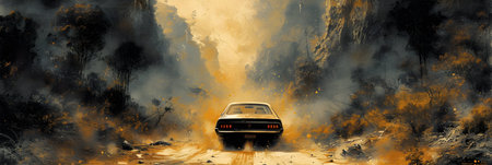 3D rendering of a vintage car in a fire and smoke.の素材