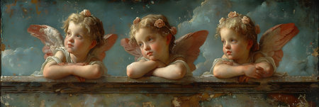 Cute angels on the wall of an abandoned house, vintage styleの素材