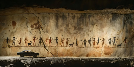 3D rendering of an ancient cave city with people on the wallsの素材