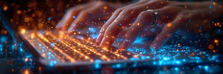 Close up of human hands typing on laptop keyboard. Technology and communication conceptの素材