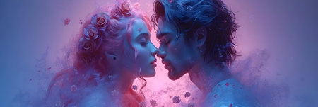 Digital composite of Couple in love kissing against pink and blue backgroundの素材