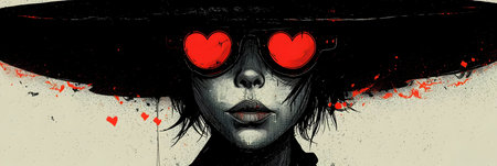 girl with red hearts on her face in a black hat on a grunge backgroundの素材