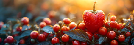 Red pepper with water drops on a background of green leaves and berries.の素材