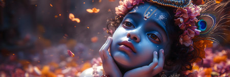 Beautiful young woman with blue Venetian mask and flowers on her headの素材