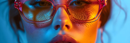 Portrait of a girl in pink glasses on a blue background. Close-up.の素材