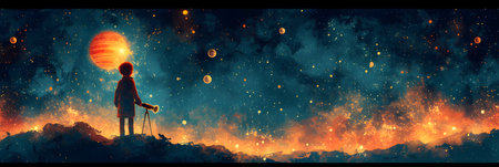 Image of a girl in space against the background of the planet.の素材