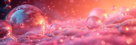 abstract 3d illustration of water drops and bubbles in pink backgroundの素材