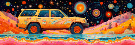 cartoon space scene with car in the middle of the ocean illustration for childrenの素材