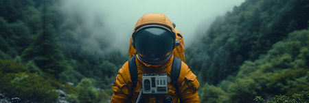 Astronaut in the mountains. A man in a spacesuit with a camera.の素材