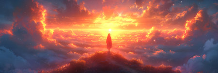 3d illustration of a woman standing on top of a mountain and looking at the sunsetの素材