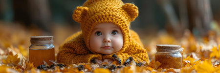 Cute baby boy in a yellow knitted hat with a bee on the background of autumn leavesの素材