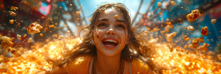 Close-up portrait of a beautiful girl with flying popcorn in the amusement parkの素材
