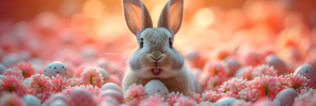 Happy Easter! Cute Easter bunny with Easter eggs on pink backgroundの素材